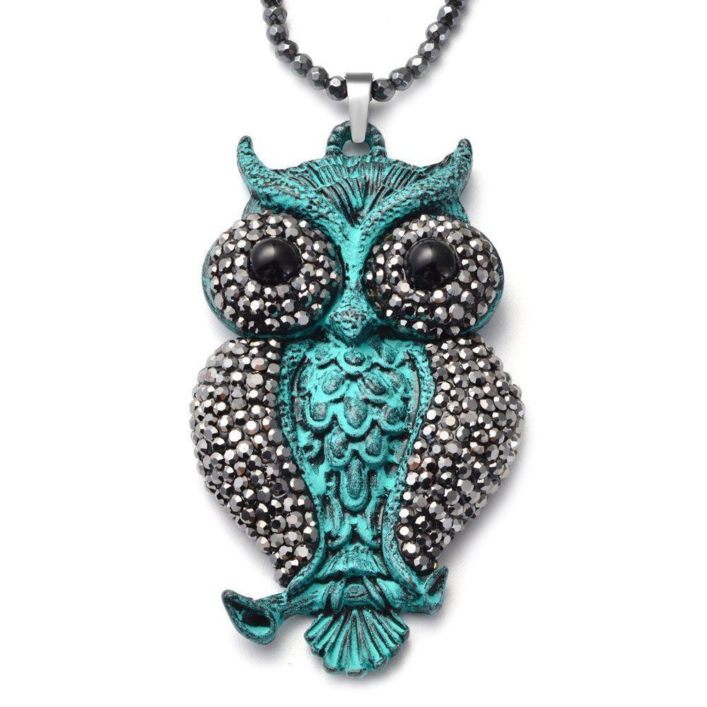 Hematite and Multi Gemstone Owl Pendant With Necklace 32 in